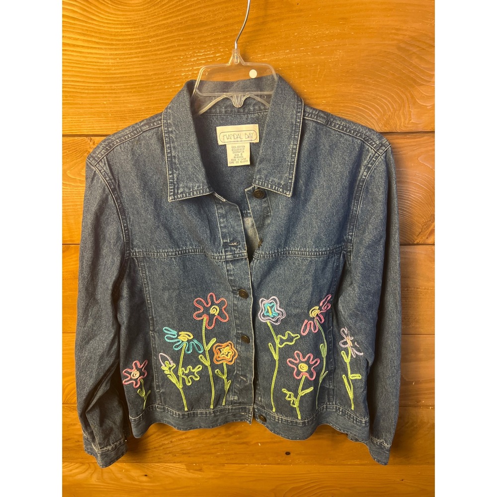 Mandal‎ Bay denim jacket floral appliqué flower embroidered vintage small Button